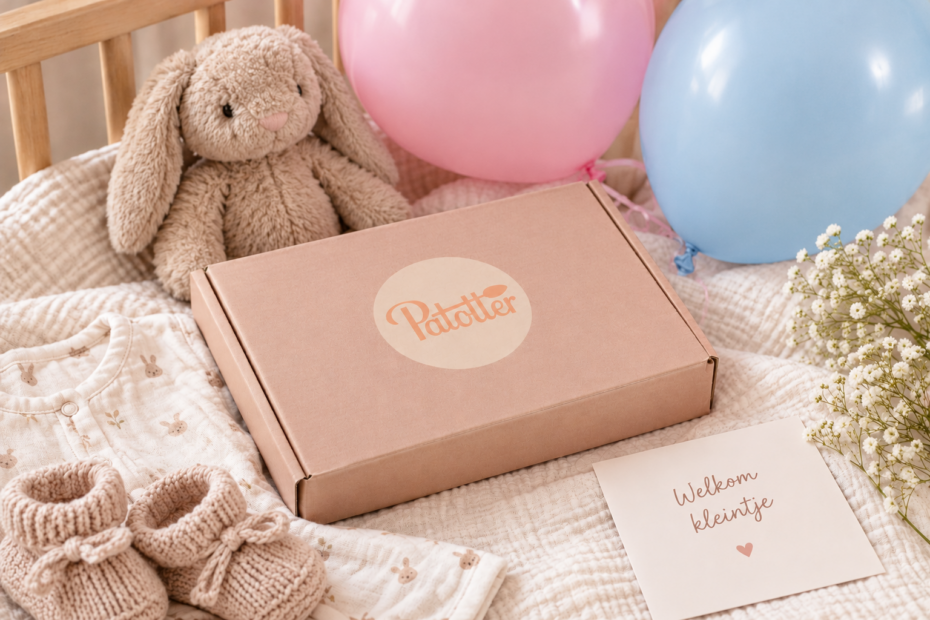 “Patotterbon-cadeaudoos van Patotter in een babybedje met knuffel en ballonnen