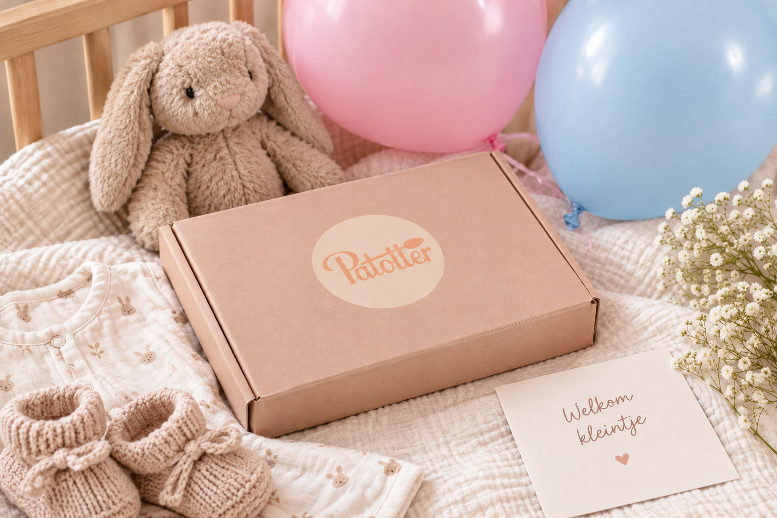 “Patotterbon-cadeaudoos van Patotter in een babybedje met knuffel en ballonnen